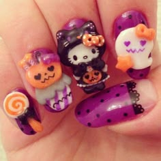 Sanrio Halloween Nails, Kawaii Halloween Nails, Halloween Sanrio, Pretty Gel Nails, Soft Nails, Cat Nails, Mia 3