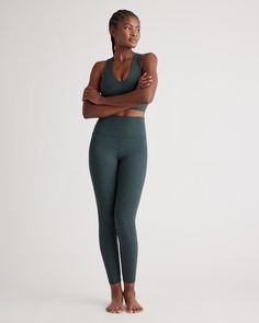 Our Ultra-Soft High-Rise Legging is sure to become your new favorite pair of leggings. These super soft leggings are perfect for yoga classes, low impact exercises and all-day wear. Just because they are soft does not mean they compromise on performance qualities - our Ultra-Soft fabric features quick-drying, moisture-wicking and anti-microbial technology with the 4-way stretch.  | Quince | Women's Ultra-Soft High-Rise Legging in Heather Green, Size Small, Recycled Polyester Low Impact Exercises, Favorite Leggings, Heather Green, Yoga Classes, Low Impact Workout, Soft Leggings, High Rise Leggings, Yoga Class, Womens Activewear