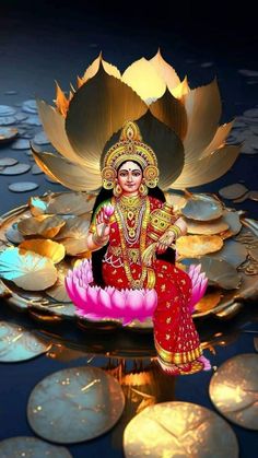 a woman sitting on top of a lotus flower in the middle of water with lots of coins