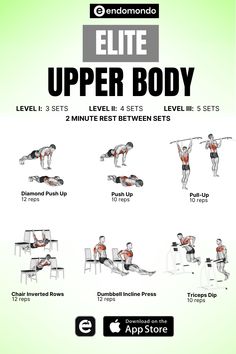 the upper body workout guide for women is shown in black and white with green background