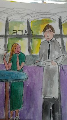 a drawing of a man standing next to a woman in front of a window with the words cafe on it