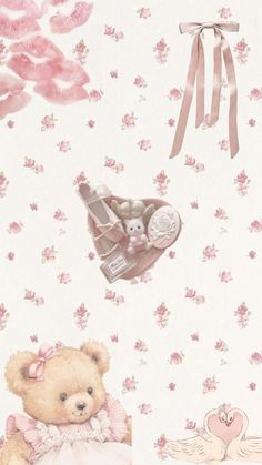 a teddy bear sitting on top of a bed next to a wallpaper covered in pink flowers