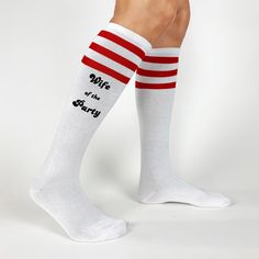 Celebrate with some bachelorette party fun! Your choice of designs for the bride (Wife of the Party) or her partygoers (The Party) with the designs digitally printed on the our comfy cotton knee high socks. Select a stripe and sock color and we'll print the design right below the stripes. All our socks are printed to order with eco-friendly apparel inks and the design is on the outside of both socks. The text is printed directly on the socks, no vinyl transfers or patches that can peel off! The Bridesmaid Socks, Groom Socks, Striped Knee High Socks, Custom Wedding Monogram, Bachelorette Party Favor, Brides Babes, Bride Bachelorette, Bachelorette Party Bride, Personalized Socks