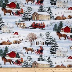 a christmas scene with horse drawn sleighs and red barns on snow covered ground