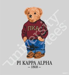 a teddy bear wearing a sweater and jeans with the words pikapa alpha on it