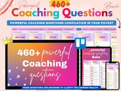 a computer screen with the words coaching questions on it and an image of a phone, tablet