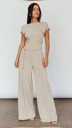 Fitted Wide Leg Jumpsuit Or Romper In Solid Color, Wide Leg Stretch Jumpsuits And Rompers In Solid Color, Stretch Wide Leg Jumpsuits And Rompers In Solid Color, Stretch Solid Color Wide Leg Jumpsuits And Rompers, Versatile Wide Leg Jumpsuit Or Romper, Fitted Maxi Length Jumpsuits And Rompers, Fitted Maxi Length Jumpsuit Or Romper, Elegant Beige Wide Leg Jumpsuits And Rompers, Beige Jumpsuits And Rompers For Evening