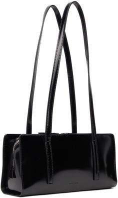 Polished leather shoulder bag in black. · Twin fixed shoulder straps · Bow accent at face · Logo embossed at back face · Two-way zip closure · Patch pocket at interior · Moiré lining · H5.5 x W10.75 x D3.5 Supplier color: Black Formal Square Bag With Zipper Closure, Formal Square Shoulder Bag With Zipper Closure, Black Formal Shoulder Bag With Zipper, Luxury Square Shoulder Bag With Zipper Closure, Sleek Black Formal Shoulder Bag, Sandy Liang, Face Logo, Shoulder Straps, Patch Pocket