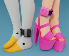 the legs and feet of two dolls wearing high heeled shoes with banana decorations on them