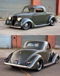 an old car is parked in front of a building