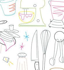 a drawing of various kitchen utensils and mixers on a white background with colored lines