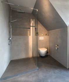 a bathroom with a glass shower door and toilet in the corner, next to a walk - in shower