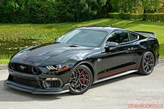 a black mustang with red stripes parked in front of some water and trees on the side of the road