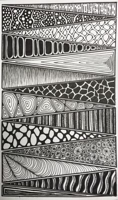 a black and white drawing of different shapes, lines, and dots on paper with ink