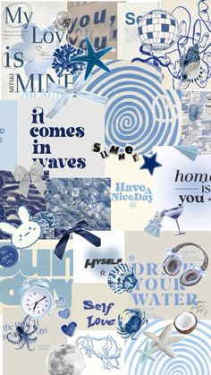 a collage of blue and white images with words, stars, circles, hearts