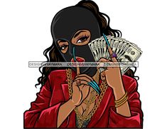 a woman wearing a mask and holding money