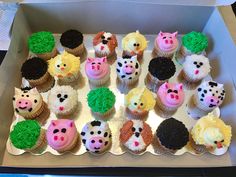 a box filled with lots of cupcakes covered in frosting and animal faces