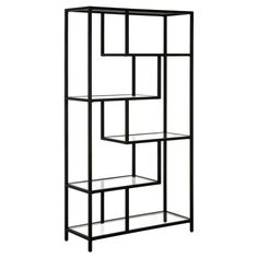 a black metal shelf with glass shelves on each side and three shelves below the shelf