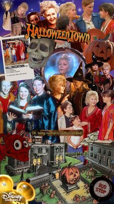 the poster for halloween town with many different pictures and words on it's side