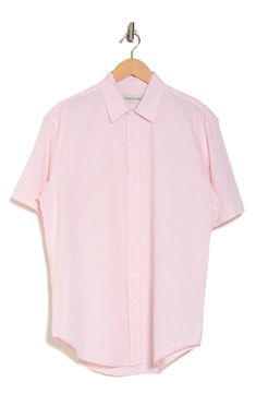 Refresh your essentials with this regular fit short-sleeve button-up shirt constructed from a breathable linen-enhanced cotton with a curved hem. 29" length (size Medium) Front button closure Point collar Short sleeves 65% cotton, 35% linen Machine wash, tumble dry Imported Solid Short Sleeve Shirt For Spring, Solid Short Sleeve Shirt With Button Closure For Spring, Solid Linen Short Sleeve Shirt, Classic Collared Short Sleeve Shirt For Daywear, Spring Cotton Short Sleeve Shirt With Camp Collar, Spring Linen Camp Shirt With Button Closure, Summer Cotton Short Sleeve Shirt With Placket, Cotton Short Sleeve Shirt With Camp Collar For Spring, Spring Solid Cotton Camp Shirt