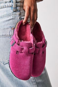 **Fit:** Narrow: A-B Width Classic slip-on Birkenstock open-back clogs in a cozy update, featuring a super soft shearling lining. * Full arch support * To grip * EVA outsole A Birkenstock narrow width fit is comparable to a Medium (B Width). | Boston Shearling Birkenstock at Free People in Pink, Size: EU 36 Boston Shearling Birkenstock, Shearling Birkenstock, Pink Birkenstocks, Boston Shearling, Birkenstock Boston Shearling, Birkenstock Boston, Lemon Pepper, Aesthetic Shoes, Swag Shoes