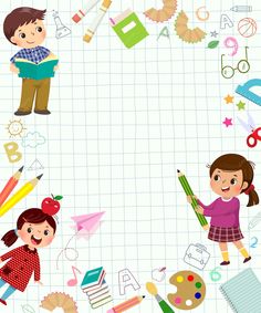 a group of children holding pencils and paper with school supplies around them on a sheet of lined paper