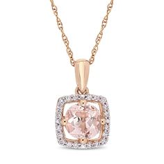 Featuring a round-cut morganite center stone framed with shimmering diamonds, this 10k rose gold necklace is a beautiful complement to your attire.PENDANT DETAILSPendant size: 9.2 mm x 15 mmChain length: 17 in.Chain type: ropeClasp: spring ring Metal: 10k pink goldPlating: rhodiumPackaging: boxedSTONE DETAILSStone type: morganiteTotal weight: 7/8 ct.Center stone size: 6 mm x 6 mmShape: roundSetting: prongDIAMOND DETAILSTotal weight: 1/10 ct.Color grade: G-IClarity: I1-I2Shape: roundSetting: pron Yellow Gold Morganite Jewelry With Diamond Accents, Fine Jewelry In Rose Gold With Morganite, Rose Gold Morganite Fine Jewelry, Gold Morganite Jewelry With Diamond Accents, Rose Gold Diamond Jewelry With Accent Stones, Morganite Center Stone Rose Gold Jewelry, Morganite Rose Gold Jewelry With Center Stone, Rose Gold Morganite Jewelry With Center Stone, Fine Jewelry In Pink Gold With Halo Setting