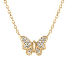 Add a touch of whimsy to your look with this charming butterfly necklace. Crafted in 10k yellow gold, this necklace features a stationary butterfly pendant that is decorated with sparkling diamonds. The diamonds are 1/15ctw, I in color, and I2 in clarity. The pendant measures 7.5mm in length and 11mm in width and the chain can be worn at 16 or 18 inches in length. Yellow Gold Diamond Butterfly Necklace With Charm, Fine Jewelry Butterfly Necklace With Diamond Accents, Diamond Butterfly Necklace With Diamond Accents, Gold Butterfly Necklace With Diamond Accents, Diamond Butterfly, Wedding Day Jewelry, Yellow Gold Necklace, Engagement Ring Guide, Butterfly Necklace