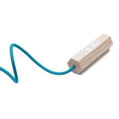 a blue cord connected to a wooden object