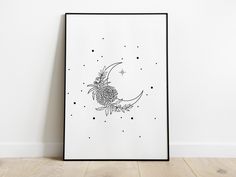 a black and white drawing of a flower on a crescent moon with stars in the background