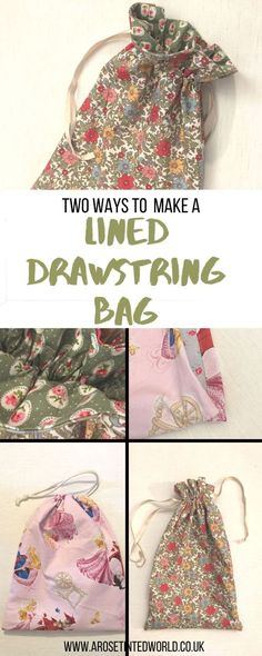 the instructions for how to make a drawstring bag in two different styles and colors