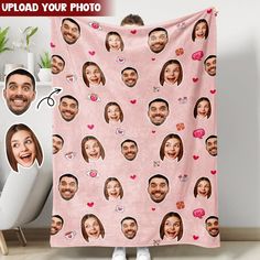 a pink blanket with photos of people on it and the words upload your photo