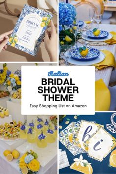 the bridal shower theme is shown with yellow and blue flowers, lemons, and plates