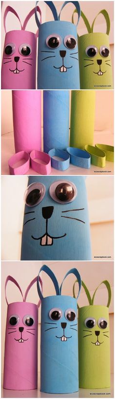 four different colored paper bags with eyes and ears on them, one is made to look like