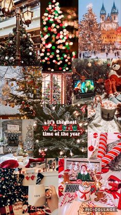 christmas collage with many different pictures and words on it's side, including an image of a tree