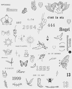 the back side of a sheet of paper with tattoos on it and numbers in different languages