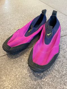 Super rare 1990's Nike fuschia pink diver style scuba pull on trainer shoes with lime and navy detail. Great unworn condition.  Size UK 4 Functional Pink Waterproof Sneakers, Functional Waterproof Pink Sneakers, Sporty Slip-on Water Sports Sneakers, Give Five, Visor Sunglasses, Trainer Shoes, Fuschia Pink, Gold Chanel, Pink Nike