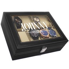 "This personalized watch case is the perfect gift for that special 'watch lover' in your life. This classy, black, brown, rosewood or distressed wood watch storage box makes the perfect groomsmen gift, birthday gift, wedding gift, wedding party gift or any special occasion gift. Choose from either a 6 slot case or a 10 slot case. 10 Slot Watch Box measures 10\" x 8\" x 3\" 6 Slot Watch Box Measures 8\" x 6.5\" x 3 Please contact me if you would like a listing of 6 or more at a discounted price! Personalized Adjustable Watch Accessories, Rectangular Black Watch As A Gift, Black Rectangular Watch For Gift, Rectangular Black Watch As Gift, Black Rectangular Watch As Gift, Personalized Adjustable Watches As Gifts, Customizable Black Watch As A Gift, Modern Customizable Watch Accessories For Gift, Customizable Black Watch As Gift