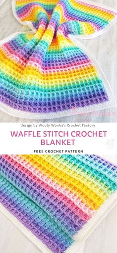 two crocheted blankets with the text, waffle stitch crochet blanket