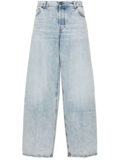 light blue cotton washed denim whiskering effect wide leg distressed finish classic five pockets logo patch to the rear button fly fastening Sales Clothes, Bath Robes For Women, Fur Parka, Planet People, Jeans Bootcut, Blazer Outfits, Washed Denim, Cardigan Coat, Bra Women