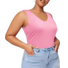 Plus Size Tank Tops for Women V Neck Knit Top-Pink丨Moon Wood Pink V-neck Solid Color Tops, Pink Solid Color V-neck Tops, Pink Sleeveless Elastane Top, Casual Pink Seamless Tops, Casual Seamless Pink Tops, Pink V-neck Tank Top Casual, Pink V-neck Casual Tank Top, Pink V-neck Tank Top Casual Style, Feminine Stretch Pink Tank Top