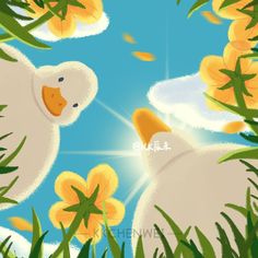 two white ducks are in the grass with yellow flowers on their heads and one is looking up at the sky