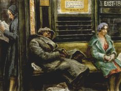 a painting of two people sitting on a bench in front of a subway car reading newspapers