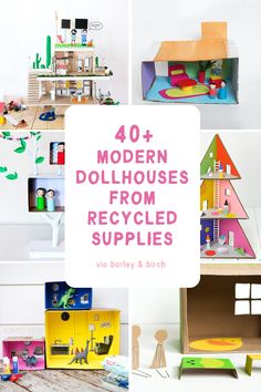 the top ten modern dollhousees from recycled supplies are displayed in this collage