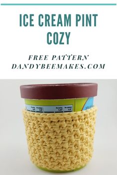 a crocheted ice cream pint cozy with text overlay