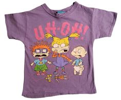 a purple shirt with cartoon characters on it