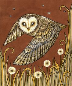 an owl is flying through the air with its wings open and flowers in front of it