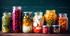 many jars filled with different types of vegetables