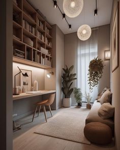 a living room filled with furniture and lots of bookshelves next to a window