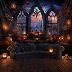 a living room decorated for halloween with pumpkins on the floor and an arched window